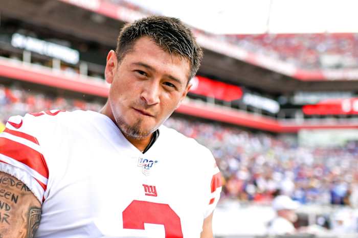 ep 22, 2019; Tampa, FL, USA; New York Giants kicker Aldrick Rosas (2) prior to the game against the Tampa Bay Buccaneers at Raymond James Stadium.